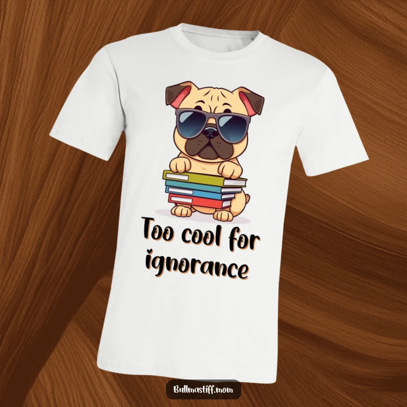 Funny Bullmastiff T-Shirt: A dog in oversized sunglasses confidently balancing a stack of books, radiating smart humor.