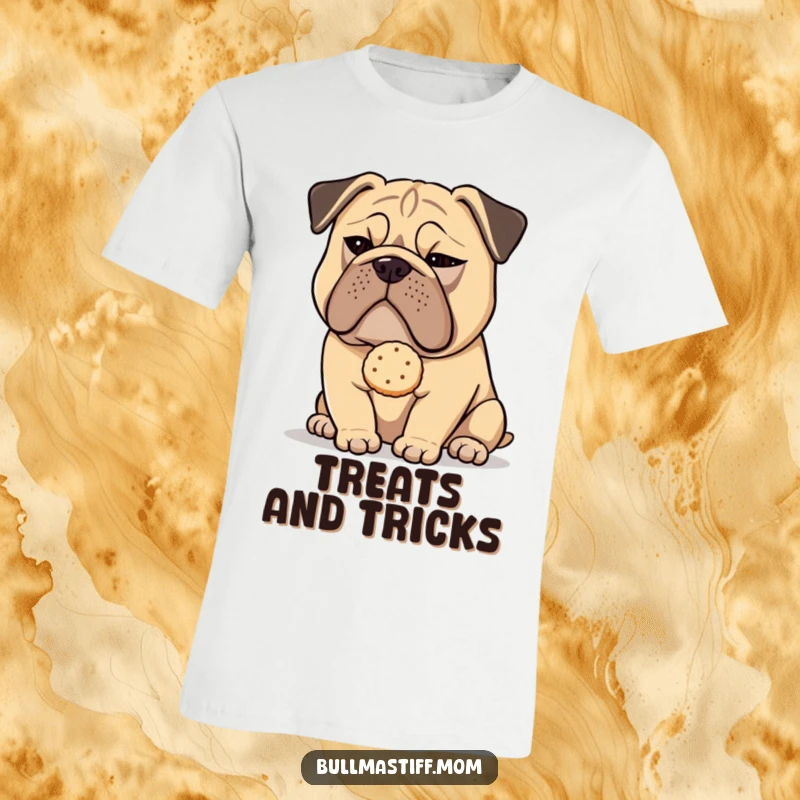 Funny Bullmastiff dog with a sly wink holding a tea biscuit, printed on a comfortable t-shirt.