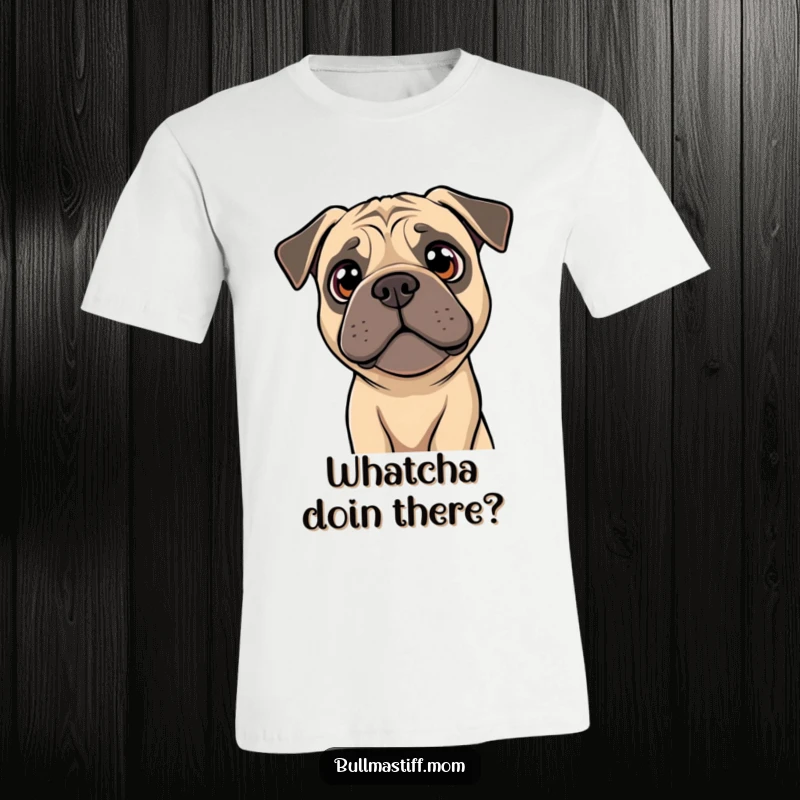 Funny Bullmastiff t-shirt showing a dog tilting its head with bright, curious eyes, full of wonder.