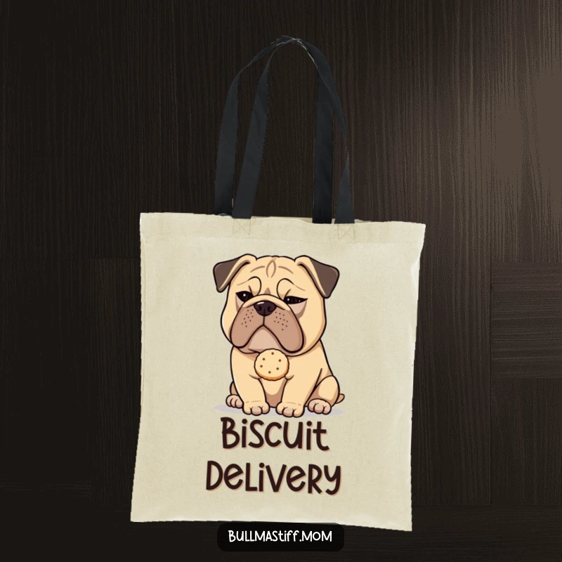 Funny Bullmastiff dog with a sly wink offering a delicate tea biscuit, featured on a durable tote bag.