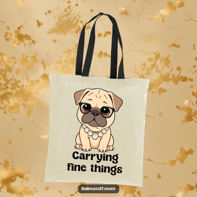 Funny Bullmastiff tote bag depicting a dog wearing a pearl necklace, perfect for stylish everyday use.