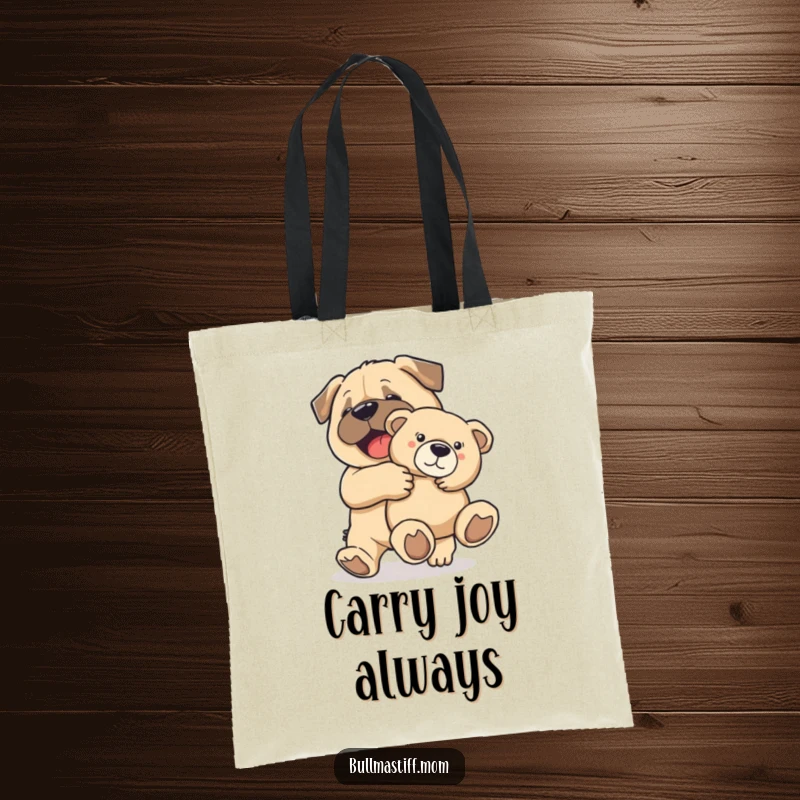 Funny Bullmastiff dog joyfully carrying a large teddy bear, on a practical tote bag for happy souls.