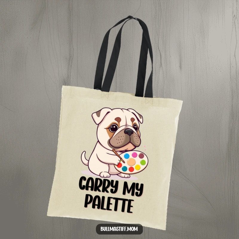 Funny Bullmastiff artist tote bag with a happy dog holding a paint palette, ideal for art supplies.