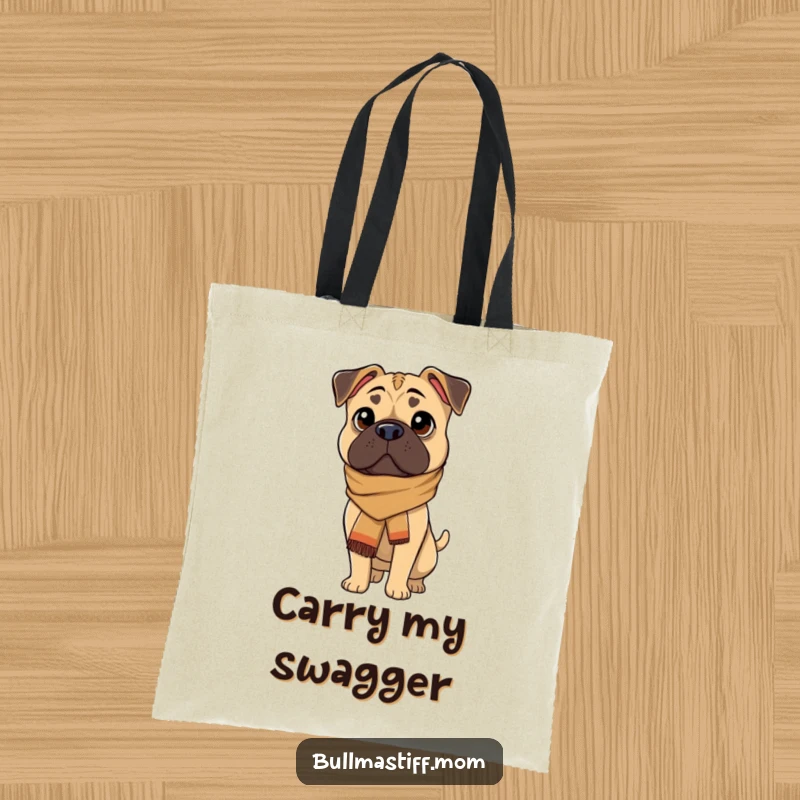 Funny Bullmastiff dog wearing a fashionable scarf, looking elegant and sophisticated on a practical tote bag.