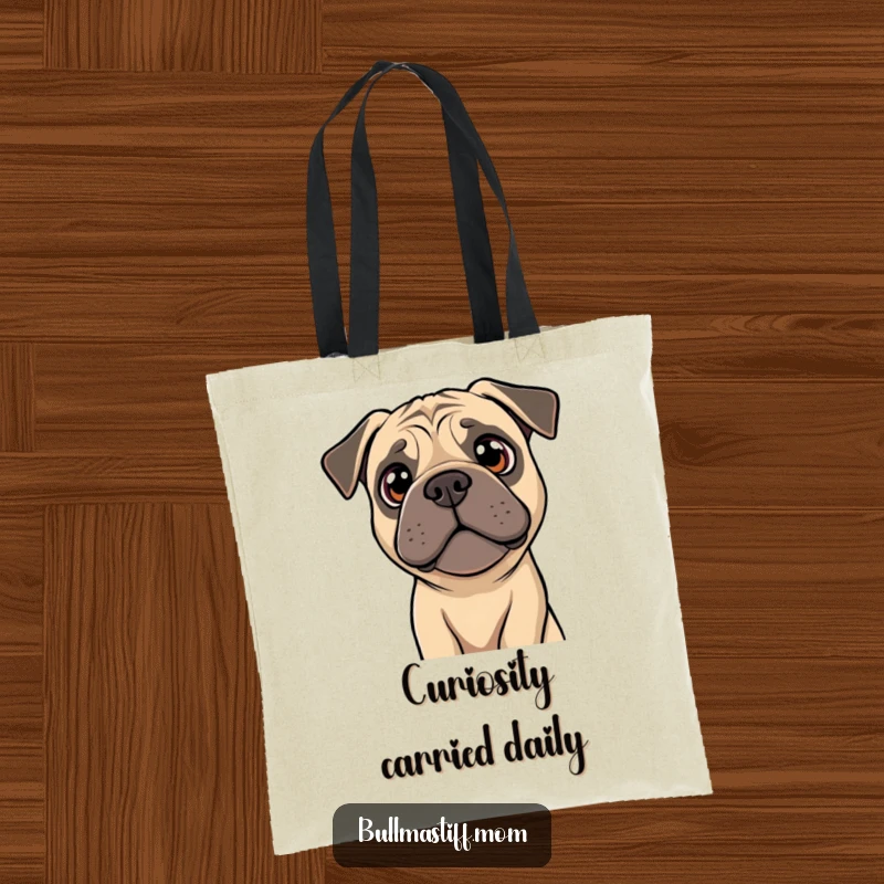Funny Bullmastiff tote bag showing a dog tilting its head with bright, curious eyes, perfect for curious souls.