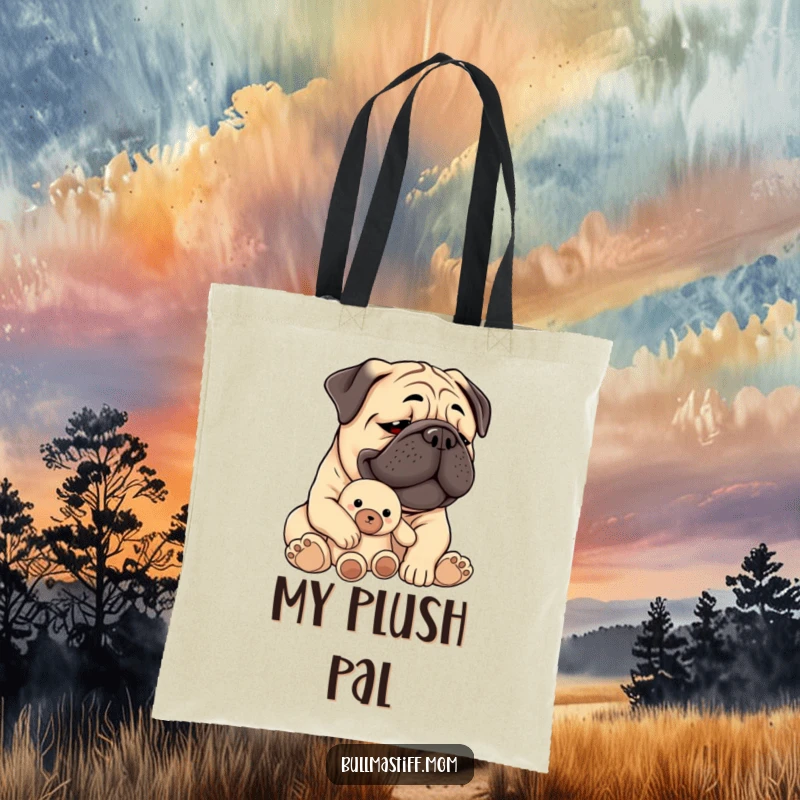 Funny Bullmastiff tote bag showing a content dog holding a plush toy, perfect for carrying essentials with happiness.