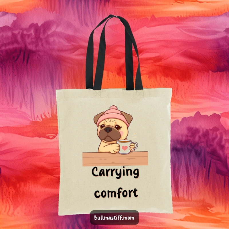 Funny Bullmastiff tote bag with a dog in a warm hat offering a cup of tea, perfect for carrying books and groceries.