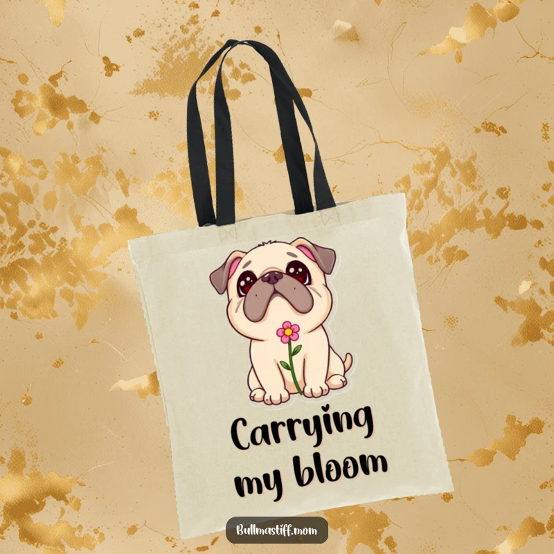 Bullmastiff flower tote bag, a dog with a flower in its fur looking up adoringly, perfect for carrying daily items.