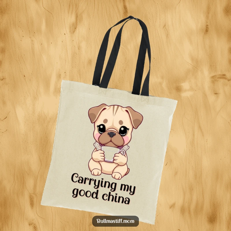 Funny Bullmastiff tote bag showcasing a dog with a lace collar, holding a teacup, perfect for stylish and humorous everyday use.