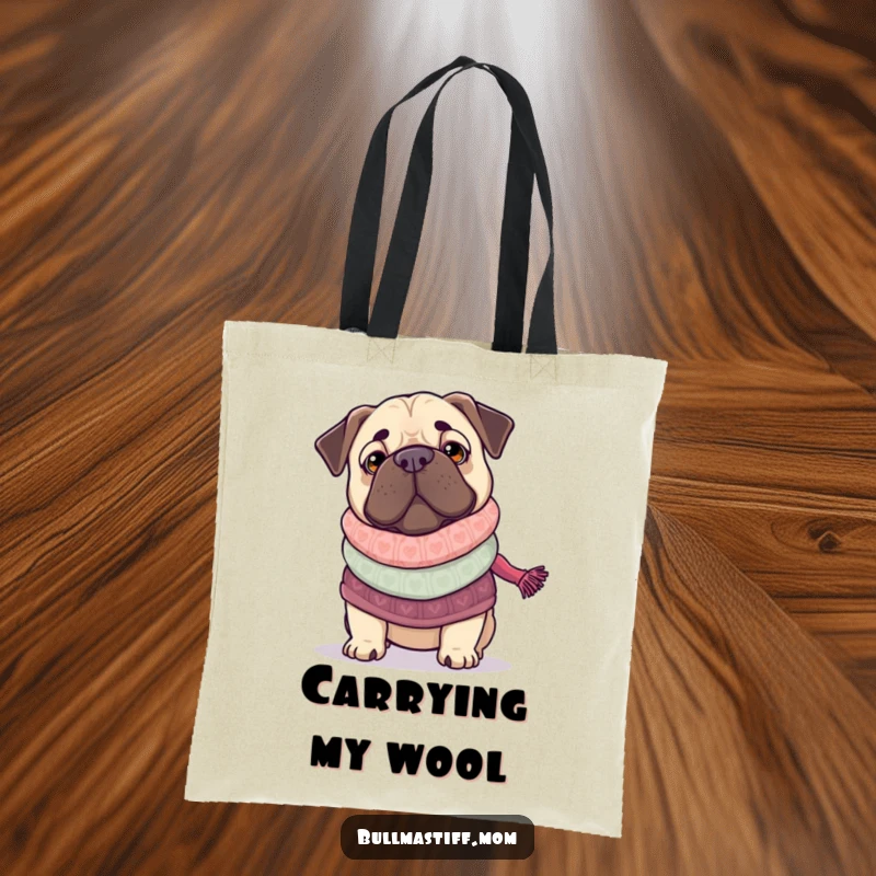 Funny Bullmastiff using knitting needles and yarn to create a scarf, highlighting a humorous crafting canine.