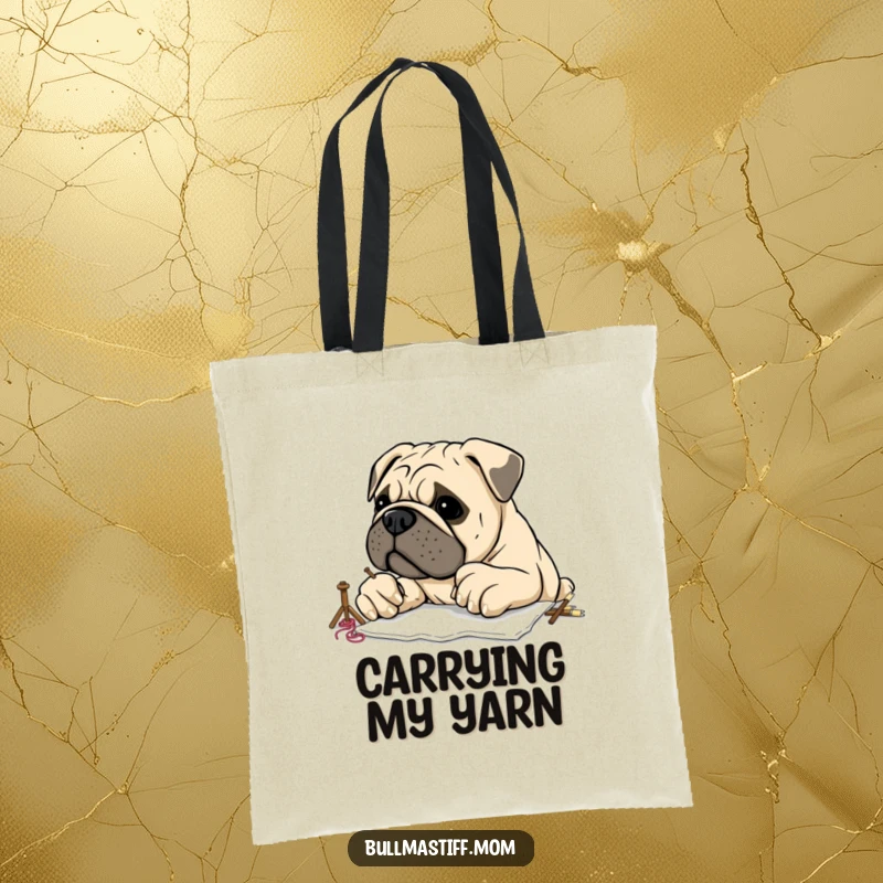 Funny Bullmastiff attempting to embroider with large, clumsy paws, printed on a durable tote bag, embodying crafting humor.