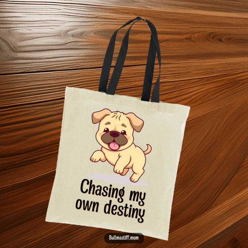 Funny Bullmastiff tote bag showing a happy dog with floppy ears spinning around chasing its tail. Hilarious accessory.
