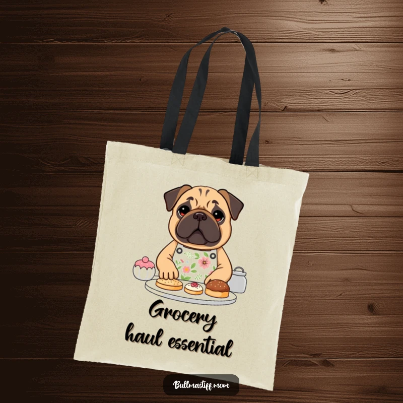 Funny Bullmastiff dog wearing a floral apron, happily baking pastries, on a stylish tote bag, perfect funny gift.
