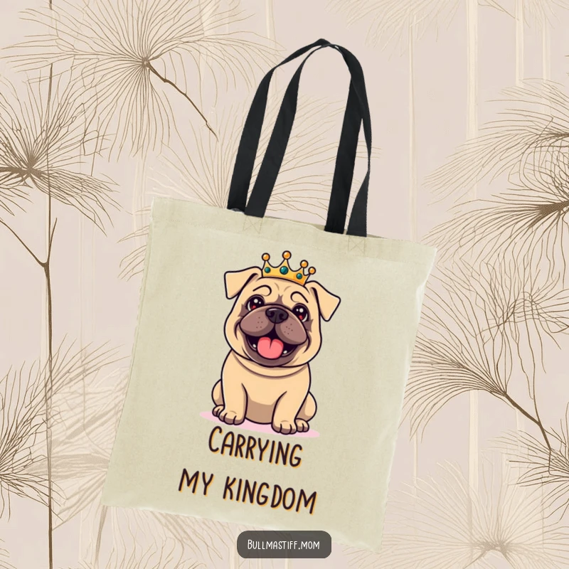 Funny Bullmastiff tote bag featuring a delighted dog wearing a small crown, looking regal and ready for errands, a humorous royal accessory.