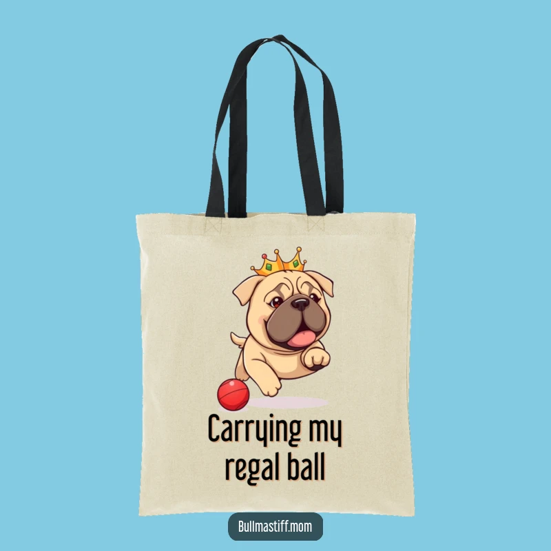 Funny Bullmastiff Crown Tote Bag: Regal Pup Chasing Ball, Stylish Funny Gift