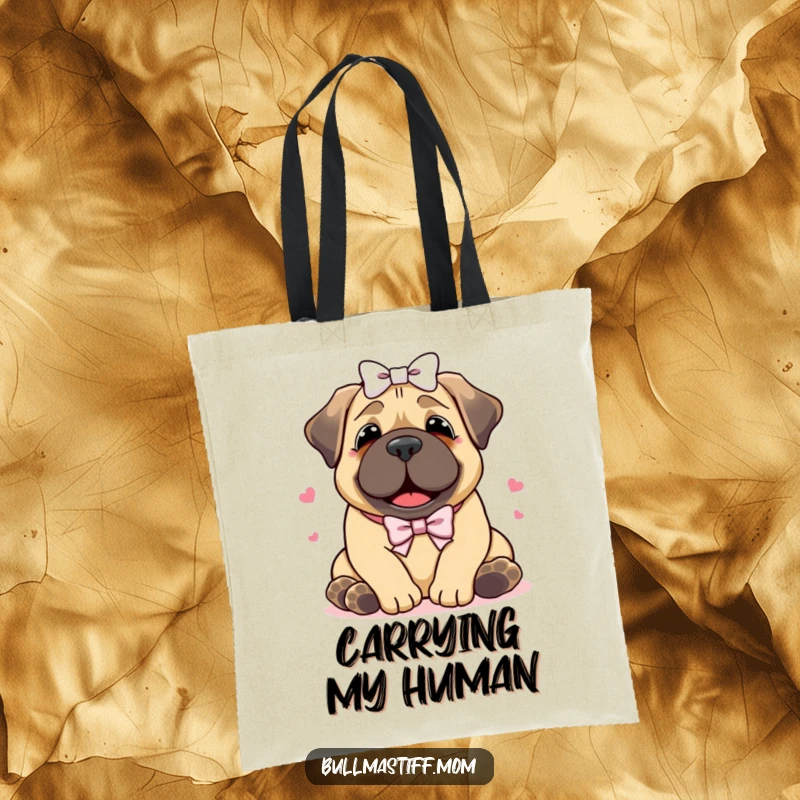Funny Bullmastiff tote bag featuring a happy dog with a bow, receiving a warm hug, showcasing adorable affection and canine companionship.