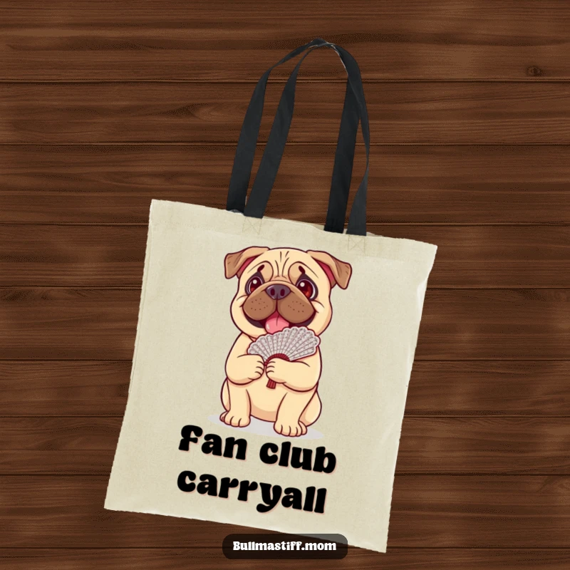 Funny Bullmastiff dog happily balancing a fancy lace fan on its head, featured on a durable tote bag.