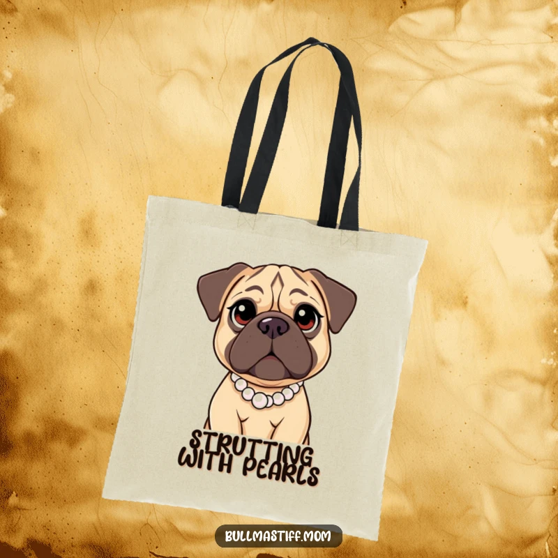 Funny Bullmastiff Tote Bag featuring a large dog with kind eyes adorned with a pearl necklace, combining practicality with gentle humor.