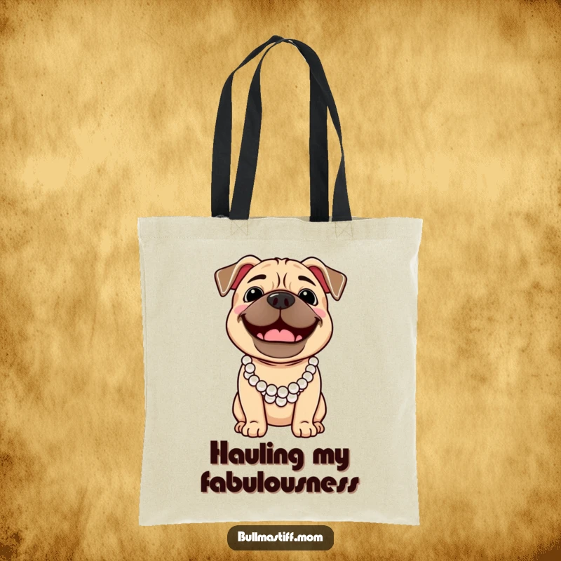 Funny Bullmastiff dog wearing a pearl necklace, smiling broadly, showcased on a practical tote bag.