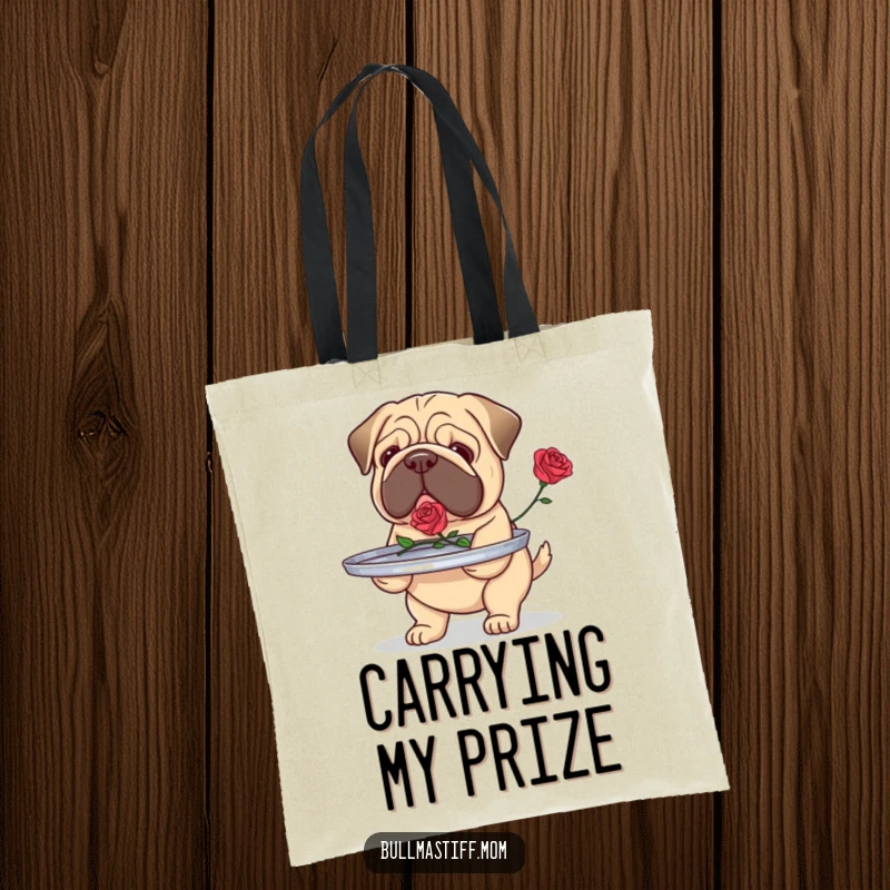 Funny Bullmastiff tote bag showcasing a dog carefully carrying a tray with a single rose, ideal for carrying gifts.