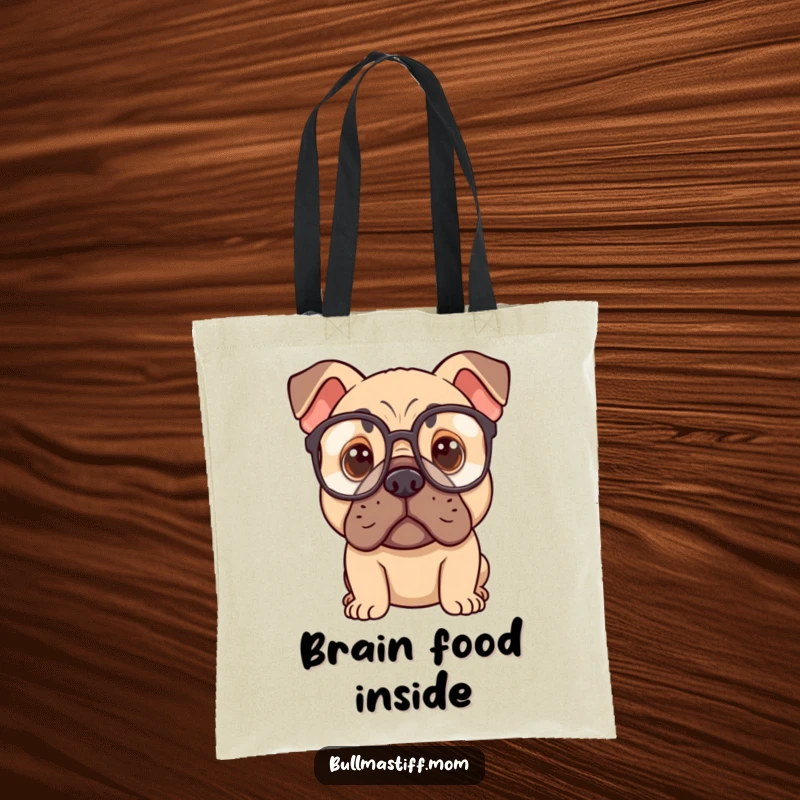 Funny Bullmastiff dog wearing oversized spectacles, looking thoughtful, on a practical tote bag.