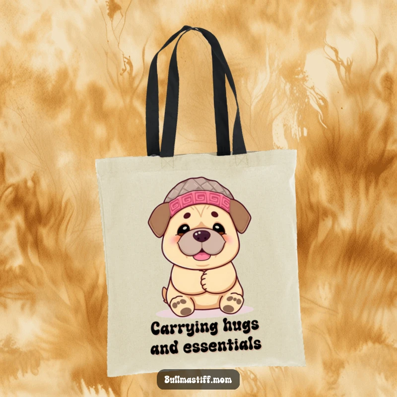 Funny Bullmastiff tote bag with a chemoerful dog in a knitted hat extending its paws for a huge, loving hug.