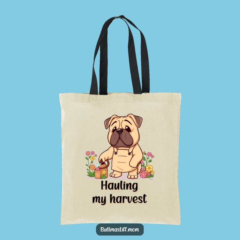 Funny Bullmastiff Tote Bag: Gardener Dog with Apron, Floral Accessory Funny Gift