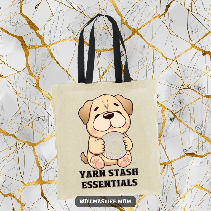 Funny Bullmastiff dog with a smile, holding a fluffy yarn ball, on a practical tote bag for crafters.