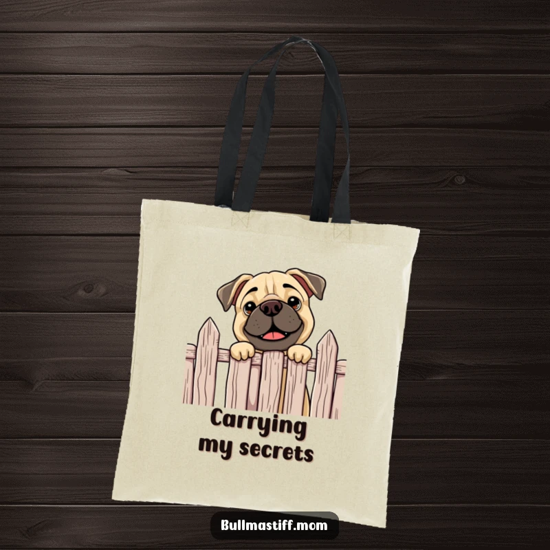 Funny Bullmastiff tote bag showing a curious dog happily peeking over a fence, a charming and humorous accessory for daily use.