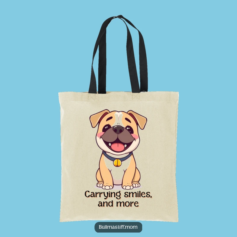 Funny Happy Bullmastiff Tote Bag: Joyful Dog with Bell, Carry Your Cheer