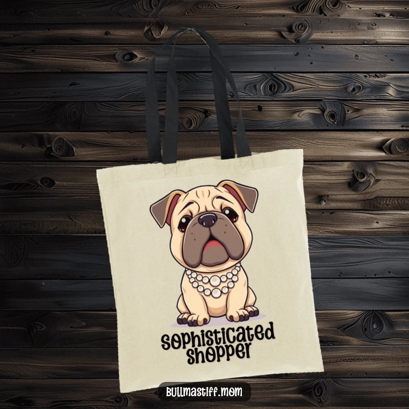 Funny Bullmastiff dog wearing a tiny pearl necklace and posing regally, featured on a durable tote bag.