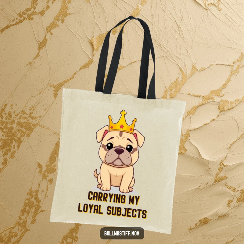 Funny tote bag with a royal Bullmastiff dog design, ideal for carrying groceries or dog supplies with a confident, crowned canine.