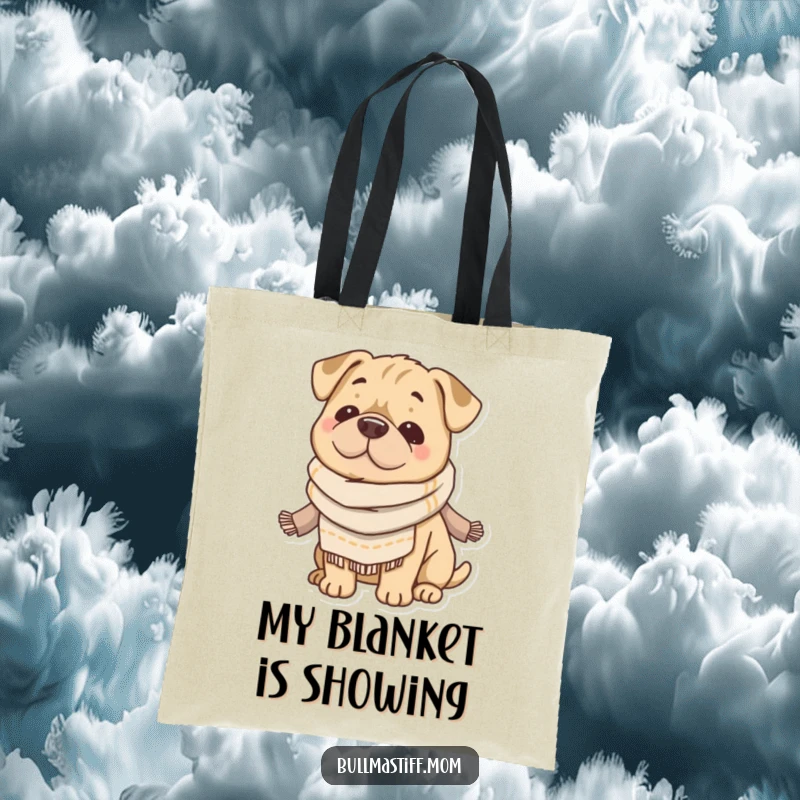 Funny Bullmastiff tote bag showing a content dog wearing a soft scarf, ready for adventure with cozy style. Perfect gift.