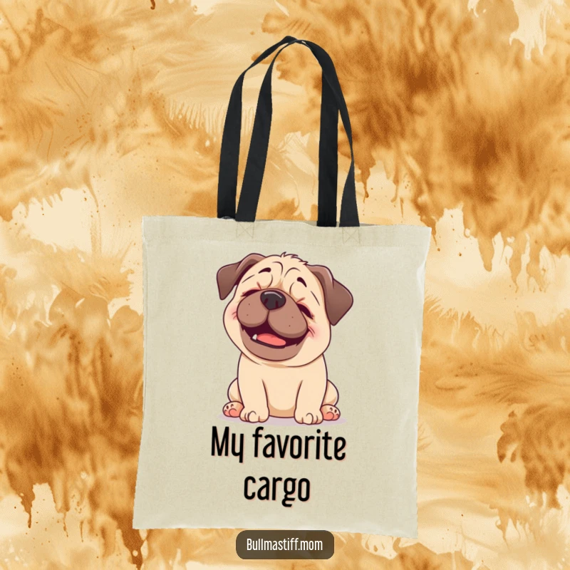 Funny Bullmastiff tote bag showing a happy dog enjoying a gentle head scratch, a charming and humorous accessory for dog lovers.