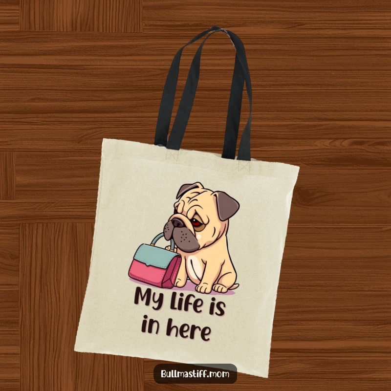 Funny Bullmastiff Handbag Tote Bag: A Bullmastiff with a dainty handbag looks thoughtfully inside, a humorous and fashionable tote design.