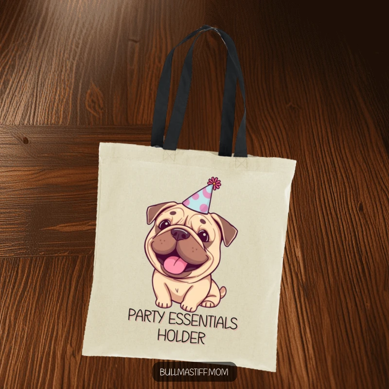 Funny Bullmastiff celebration tote bag, a happy dog wearing a tiny party hat, perfect for carrying gifts.